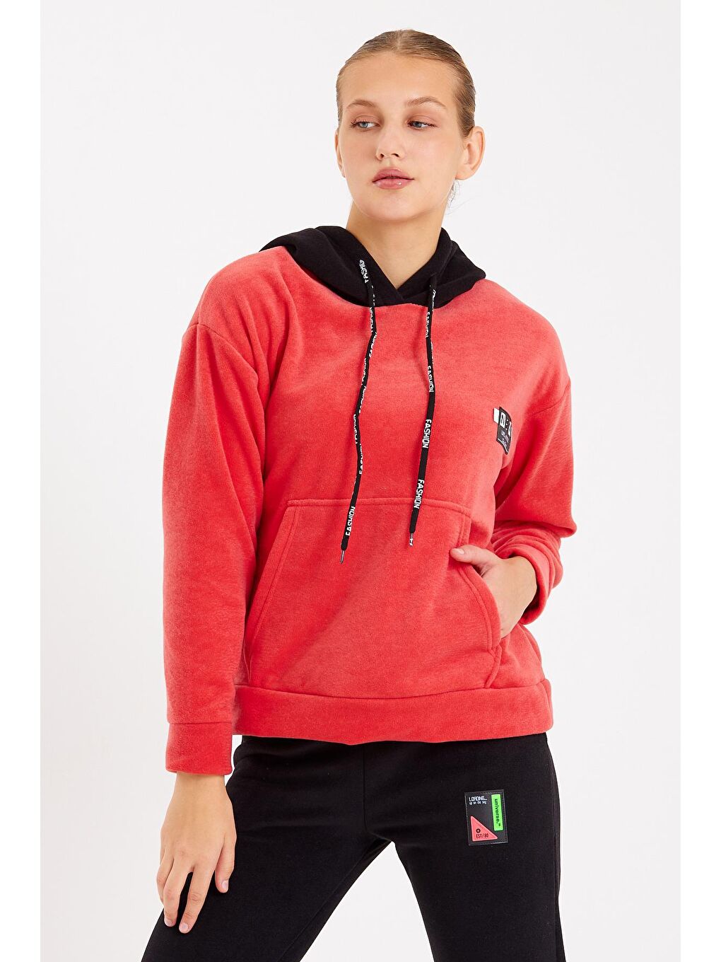 Turkuaz Erkek  Polar Sweat Kapüşonu Farklı Renk Gögüste Yazı Hoodie-3