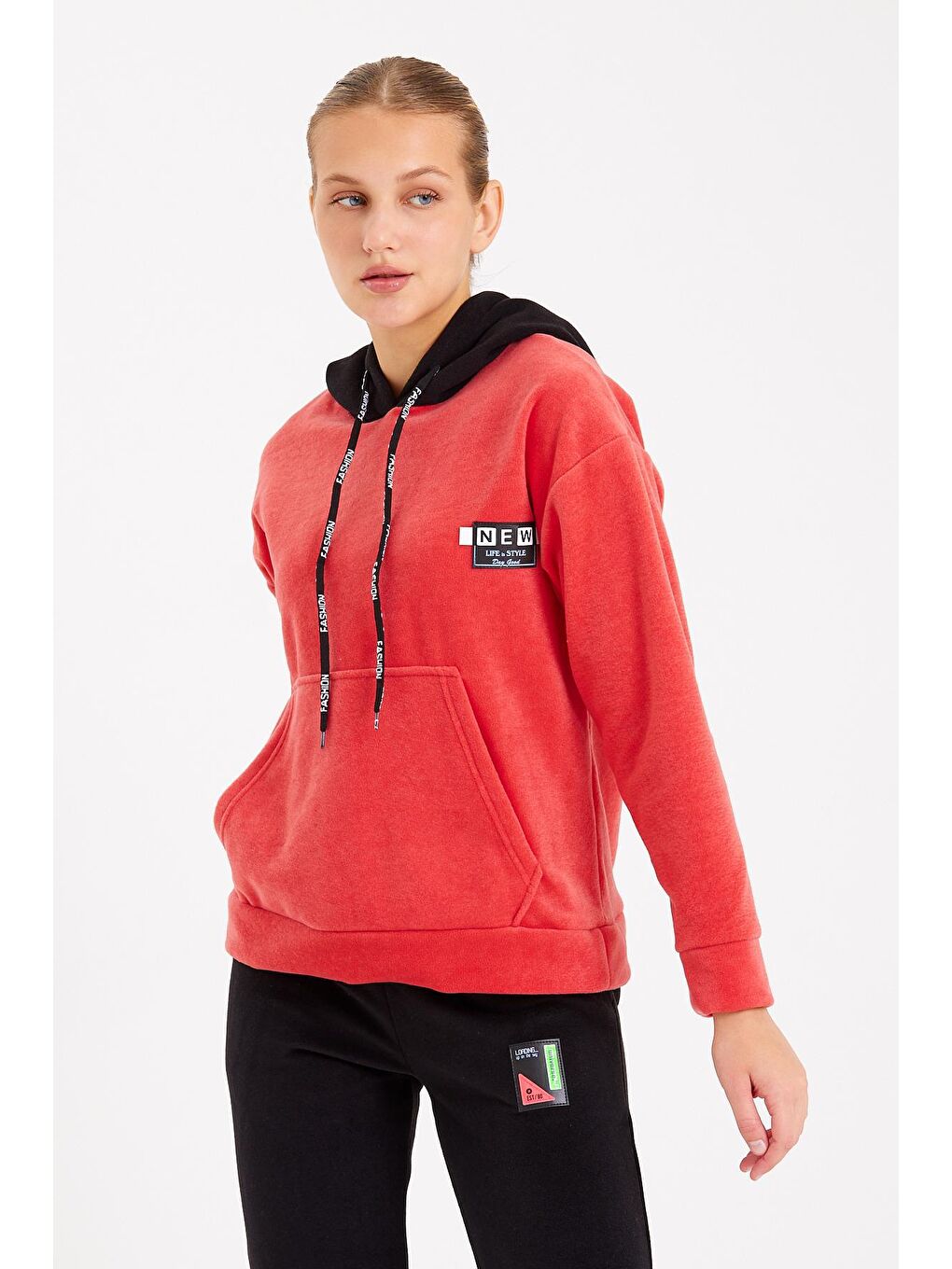 Turkuaz Erkek  Polar Sweat Kapüşonu Farklı Renk Gögüste Yazı Hoodie-4