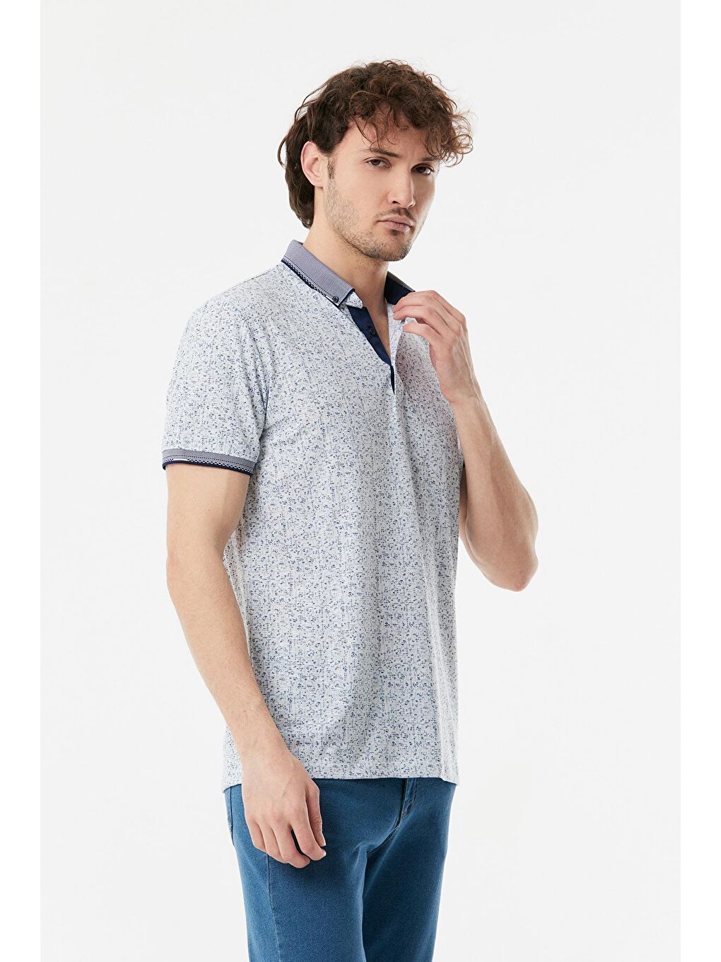 Lacivert Baskılı Polo Yaka Slim Fit Tişört-1