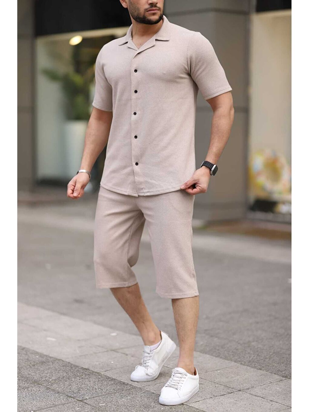 Bej Waffle Kumaş Kapri Şort Gömlek Erkek Kısa Kollu Takım