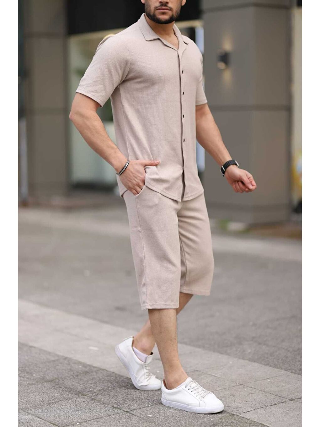 Bej Waffle Kumaş Kapri Şort Gömlek Erkek Kısa Kollu Takım-1