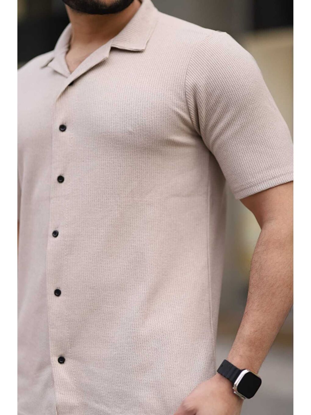Bej Waffle Kumaş Kapri Şort Gömlek Erkek Kısa Kollu Takım-2