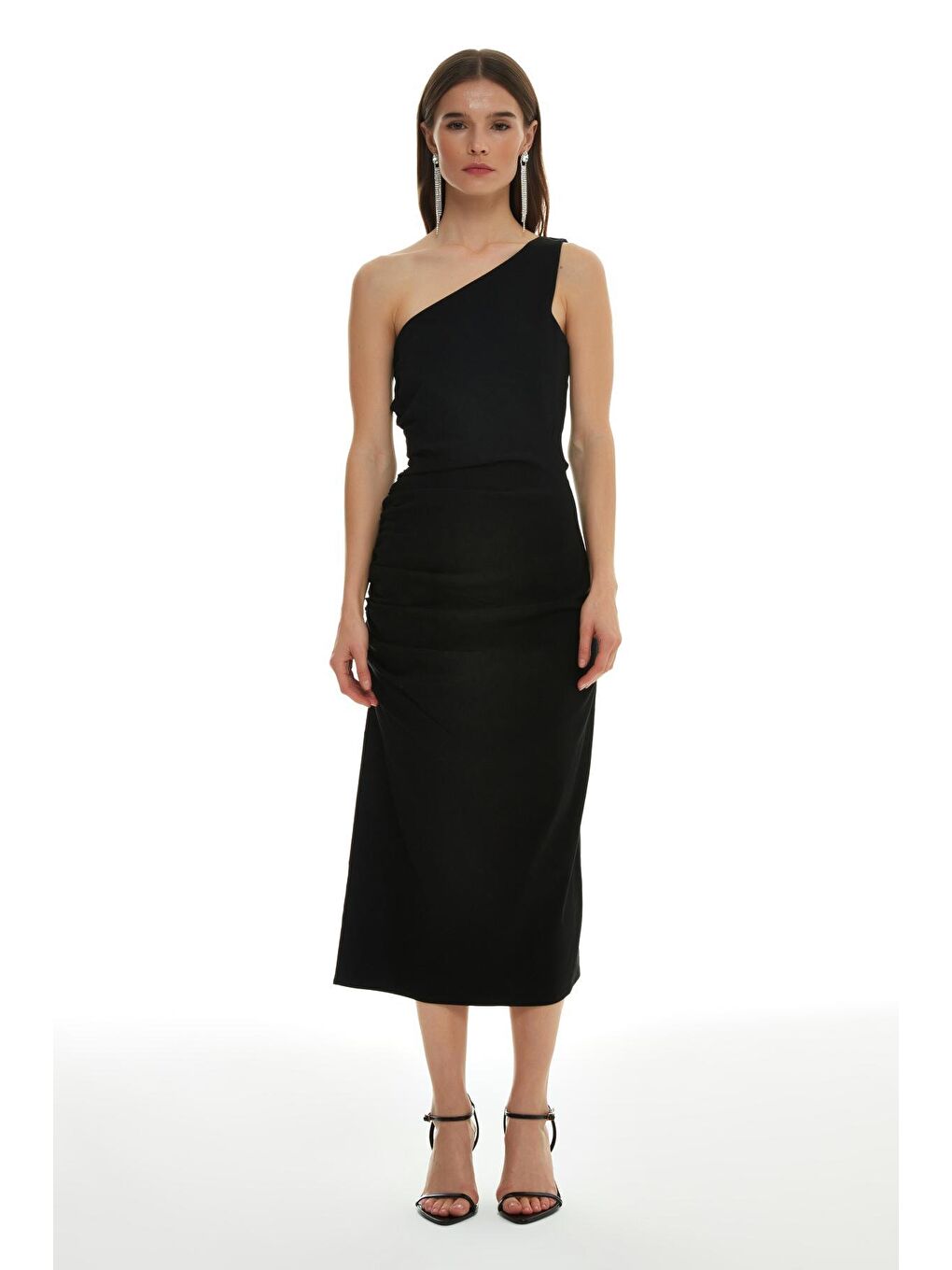 Büzgü Detaylı Tek Omuz Midi Elbise Siyah-2