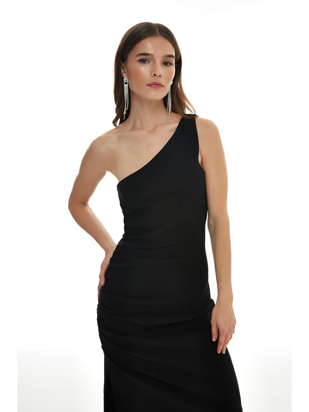 Büzgü Detaylı Tek Omuz Midi Elbise Siyah-3