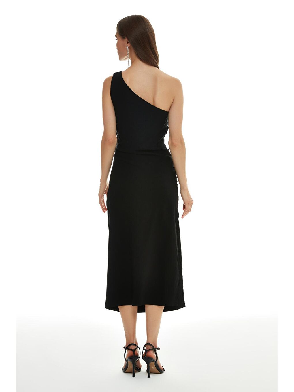 Büzgü Detaylı Tek Omuz Midi Elbise Siyah-4