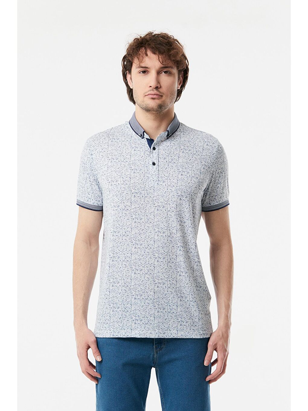 Lacivert Baskılı Polo Yaka Slim Fit Tişört-4