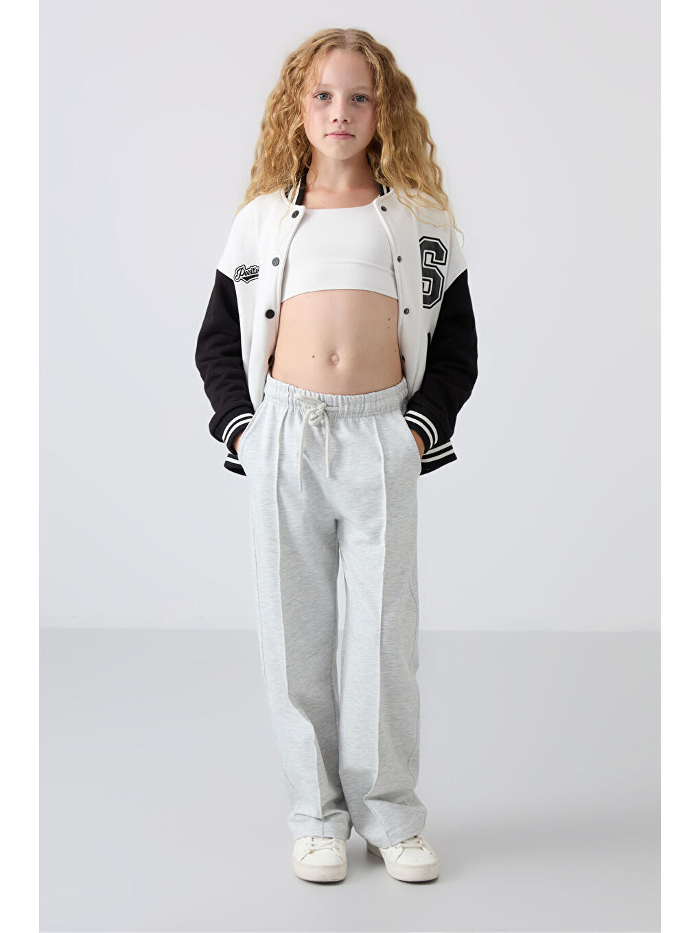 Beyaz Kar Melanj Cepli Ön Dikiş Detaylı Geniş Paça Kız Çocuk Eşofman Altı -75144-6