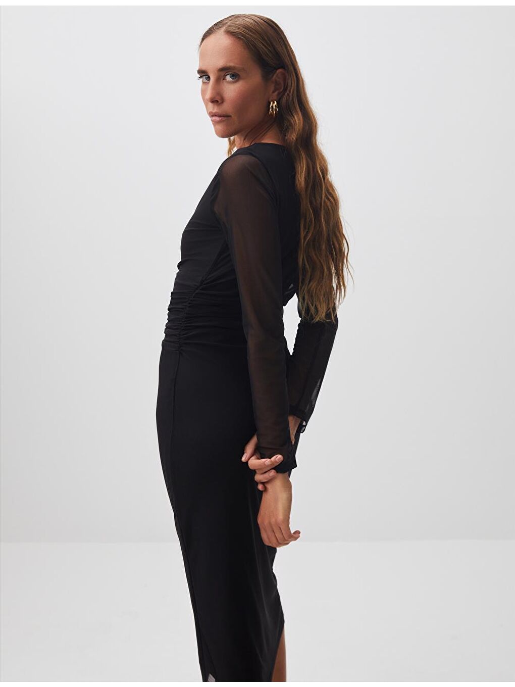 Siyah Sıfır Yaka Uzun Kollu Mesh Midi Elbise-2