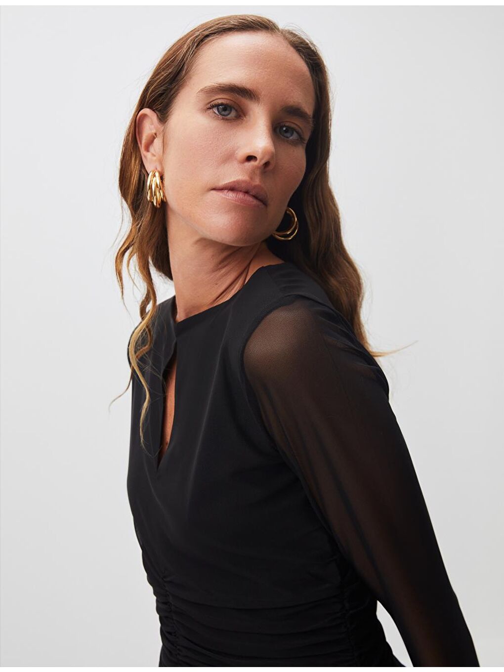 Siyah Sıfır Yaka Uzun Kollu Mesh Midi Elbise-3