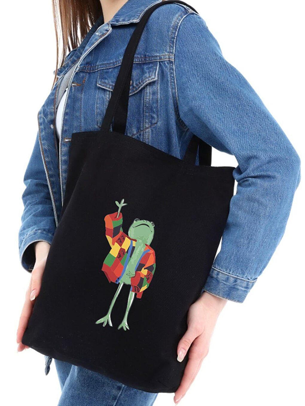 Ceketli Kurbağa Baskılı Siyah Kanvas Çanta-1