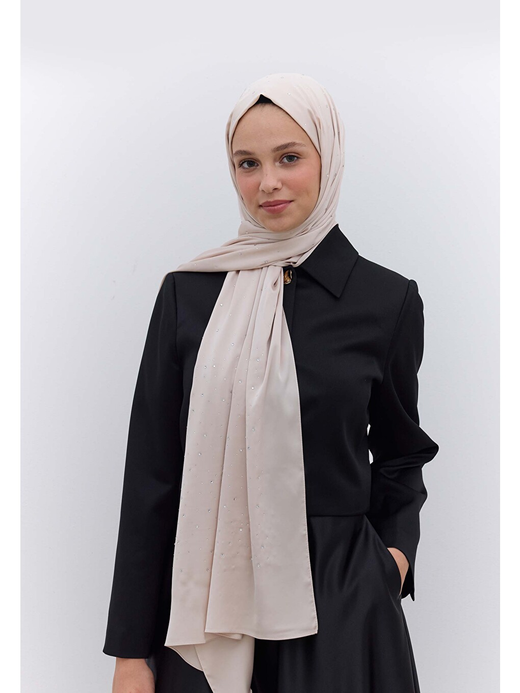 Strass Taşlı İpeksi Şal Bej-2