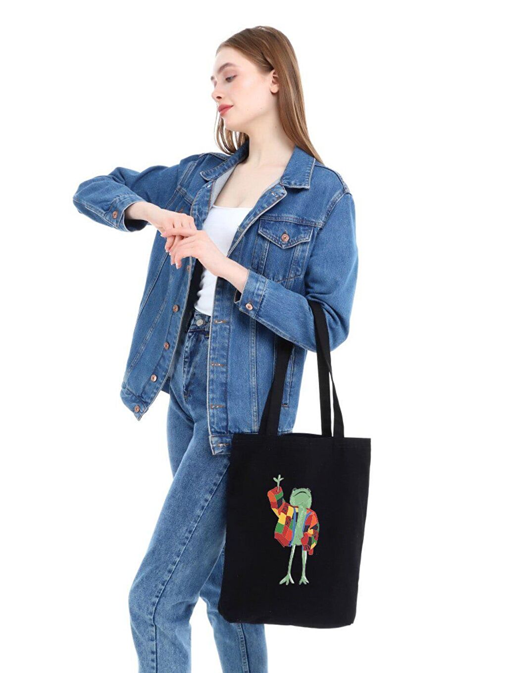 Ceketli Kurbağa Baskılı Siyah Kanvas Çanta-3