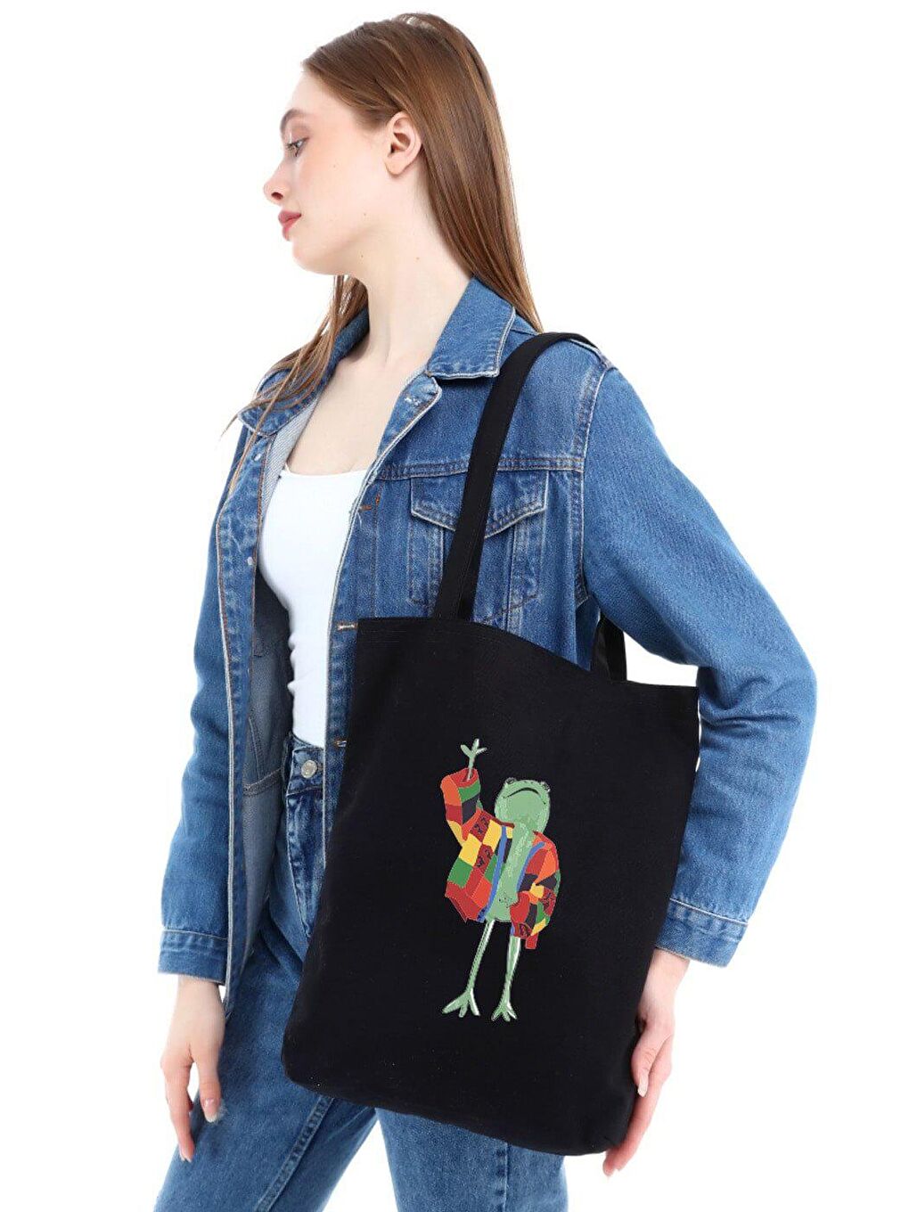 Ceketli Kurbağa Baskılı Siyah Kanvas Çanta-2