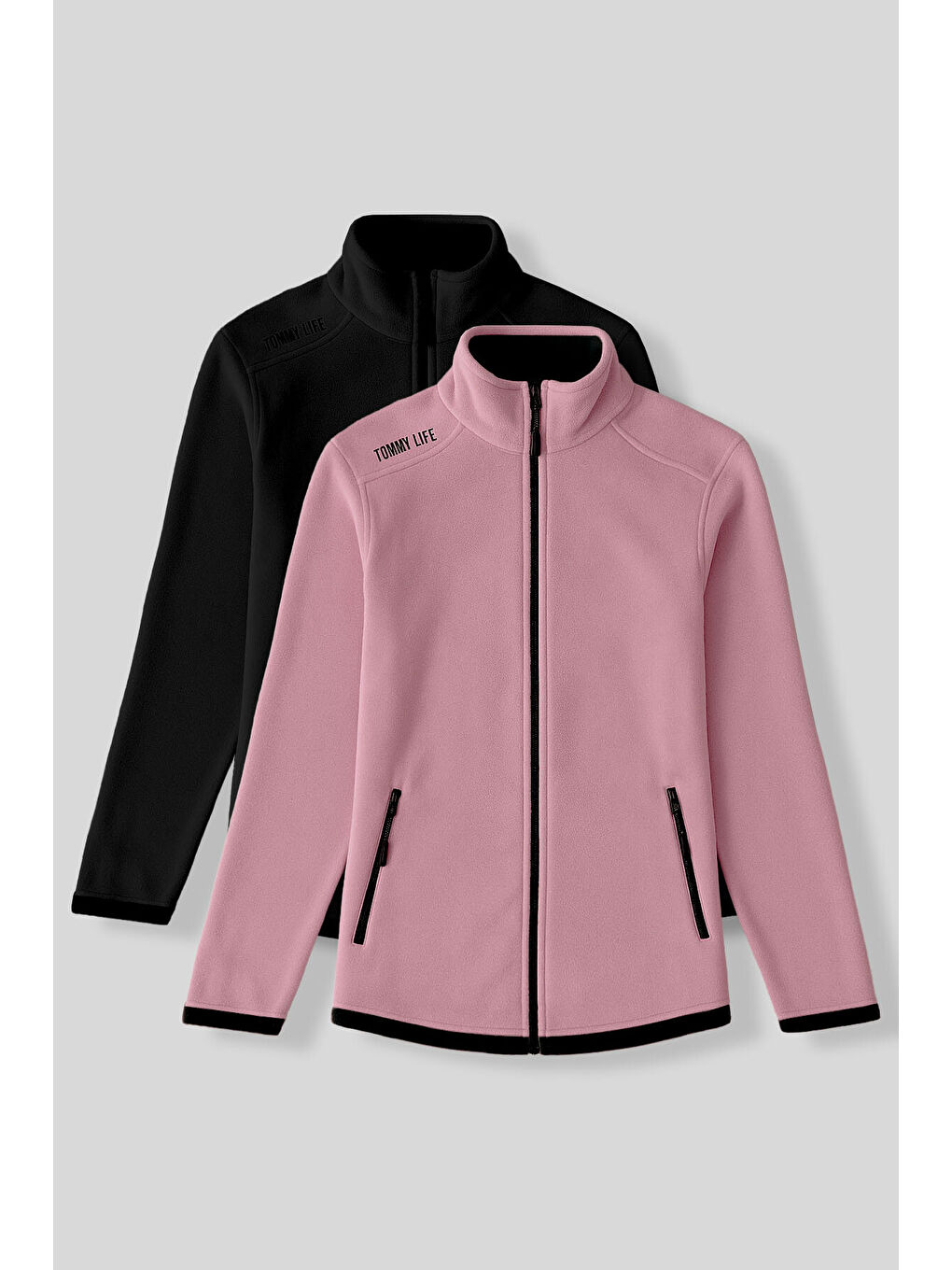 Rahat Form Dik Yaka 2li Paket Siyah-Gül Kurusu Kadın Polar Sweatshirt - 97173