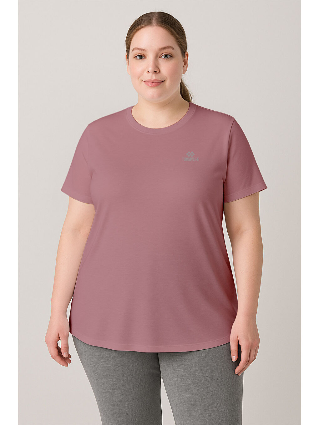 Pembe Gül Kurusu Baskılı O Yaka Rahat Form Battal Büyük Beden Kadın T-Shirt - 97308