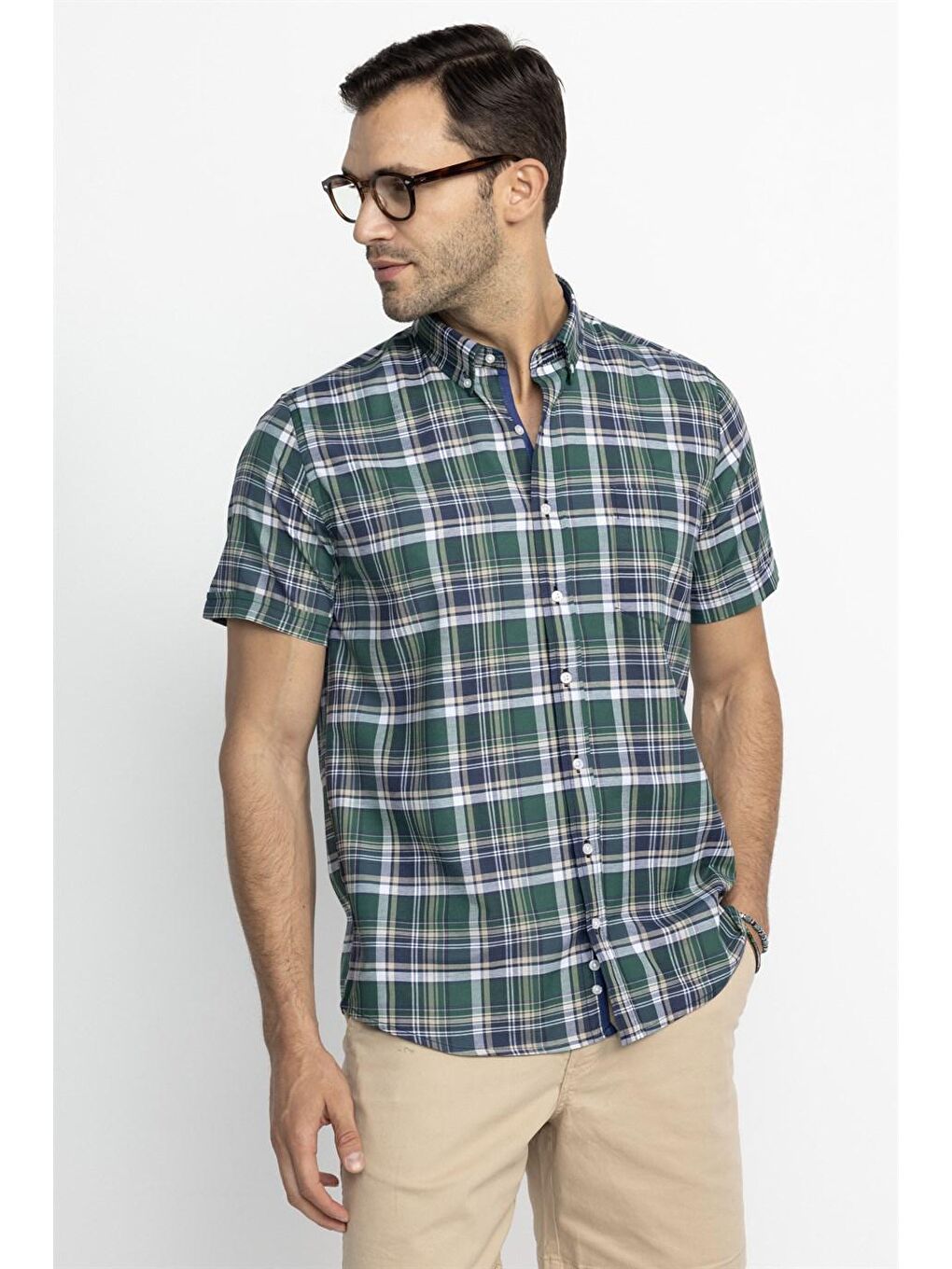Tudors Classic Fit Kısa Kol Ekoseli Düğmeli Yaka Erkek Yeşil Gömlek-1