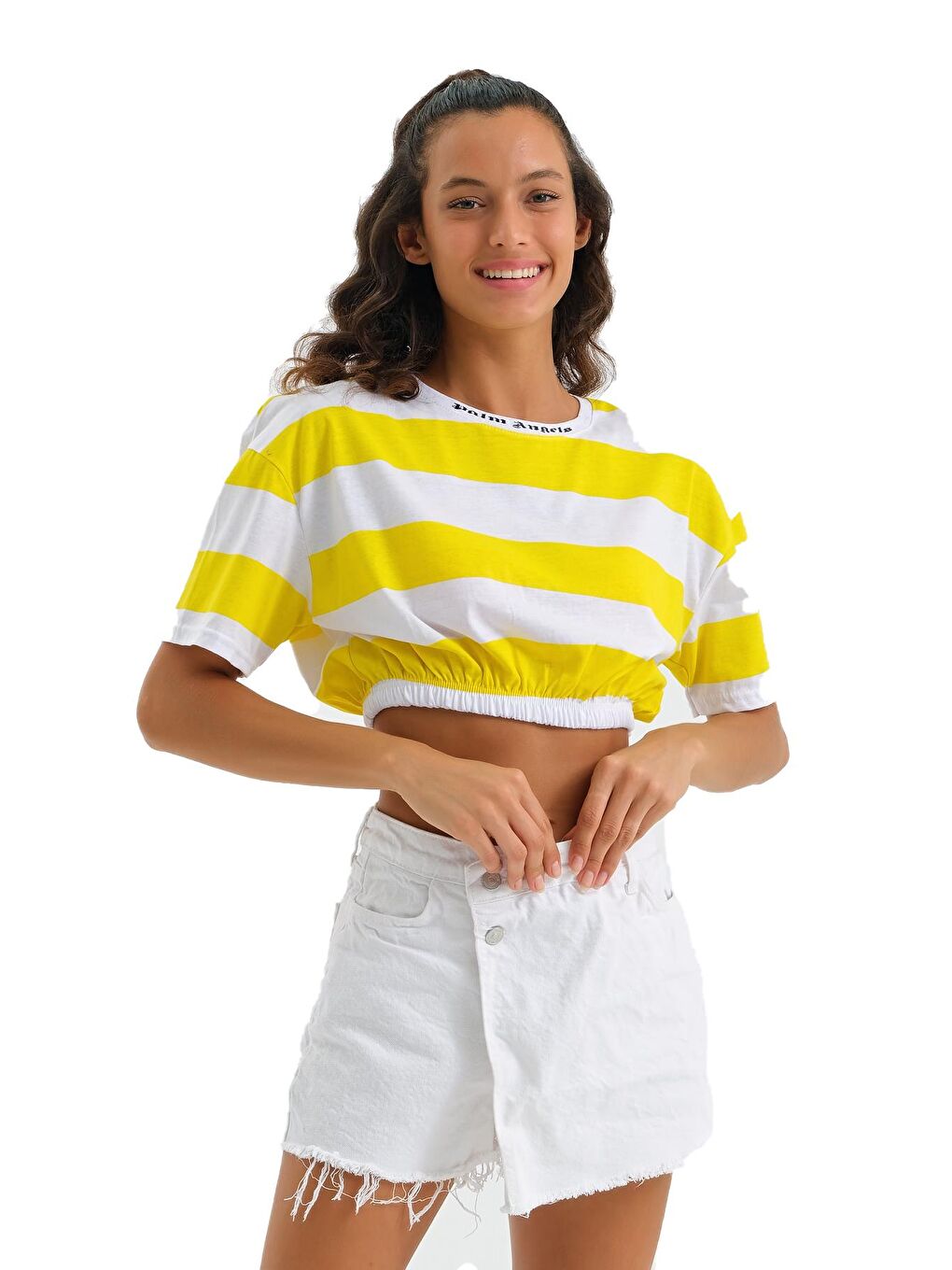 Sarı Kadin Beli Lastikli Yaka Baskili Crop