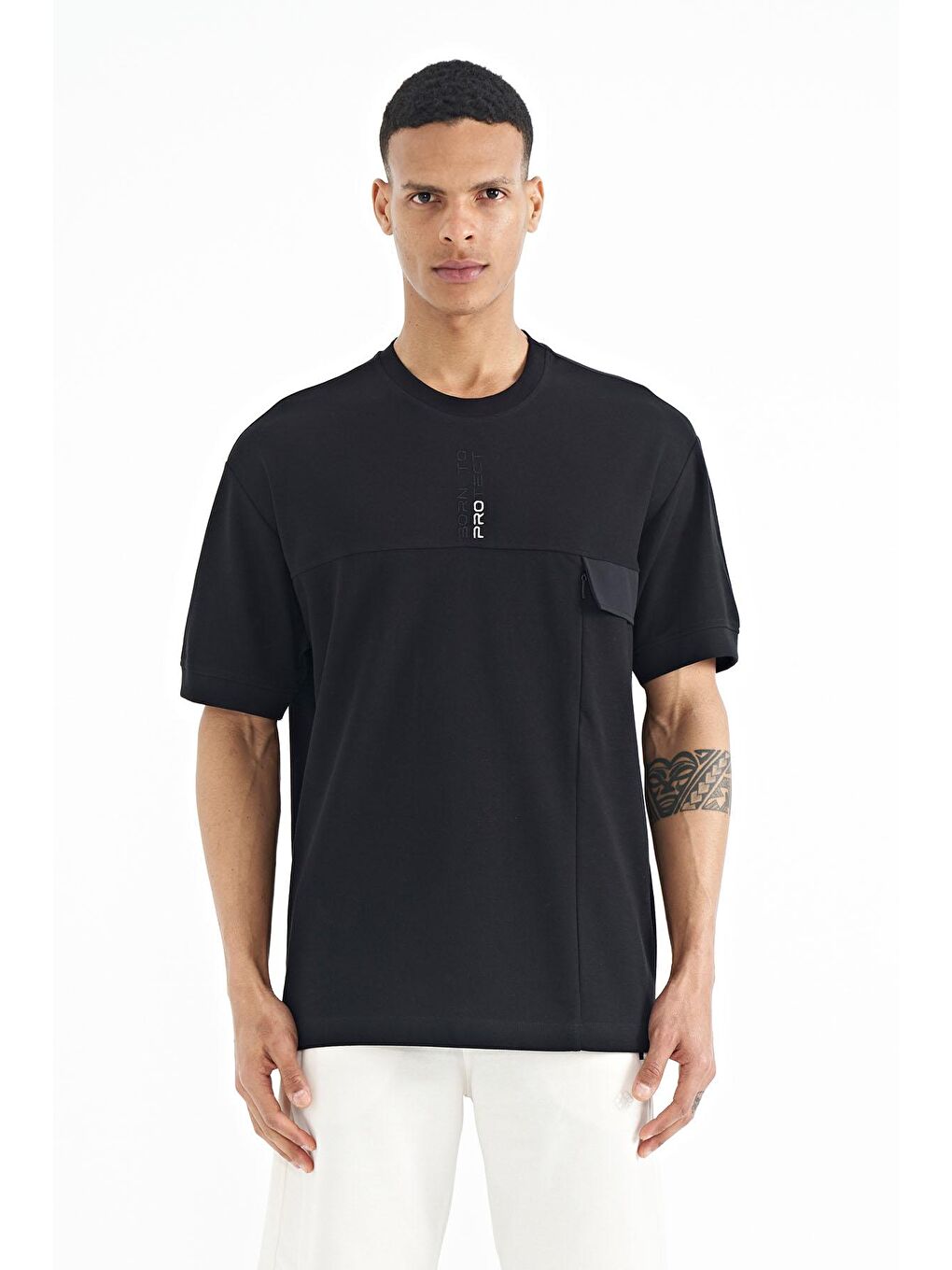 Siyah Gizli Cep Detaylı Baskılı Oversize Erkek Tişört - 88244