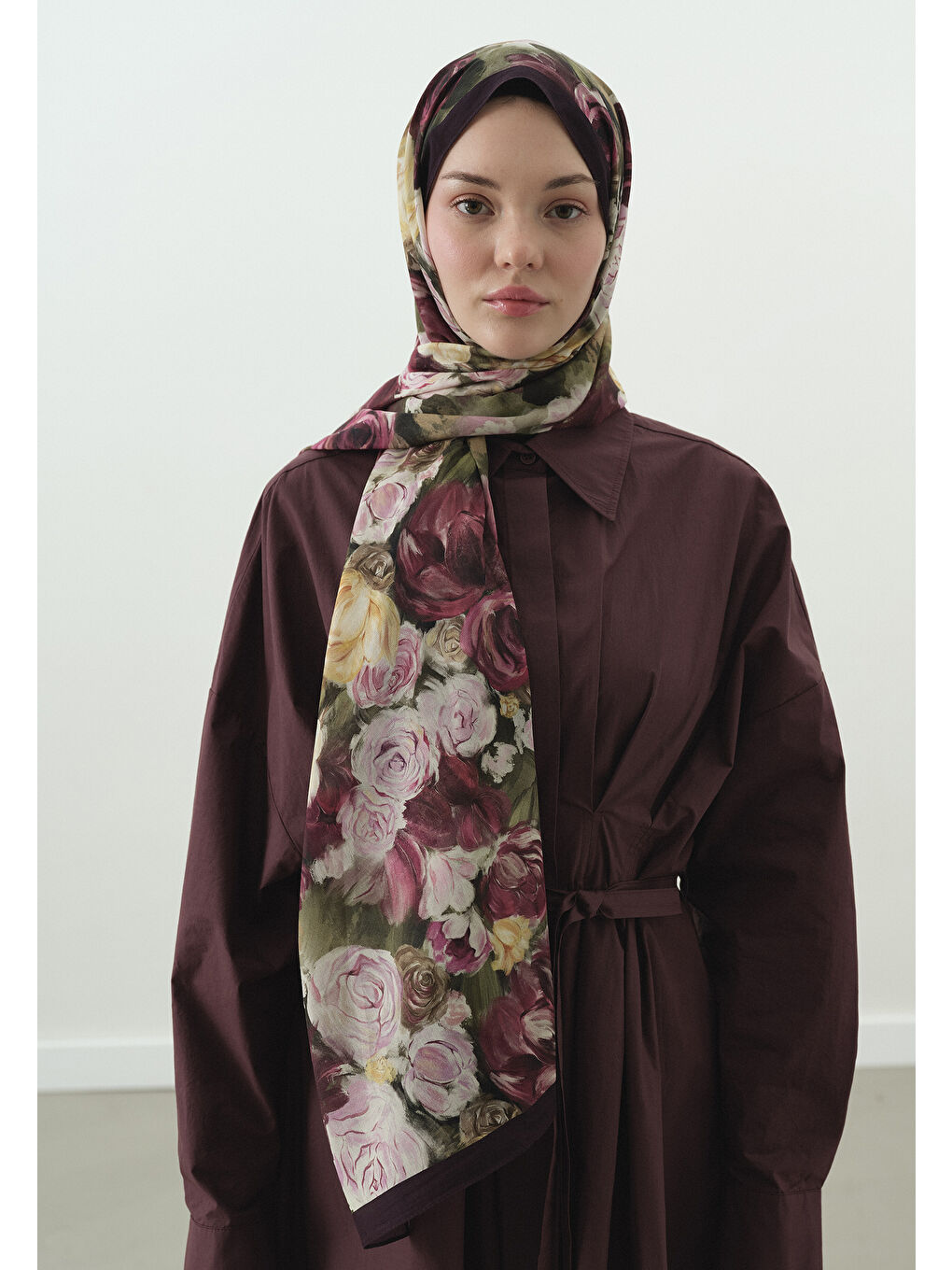 Mürdüm Rose Breeze Desenli Pamuk Viskon Şal-1