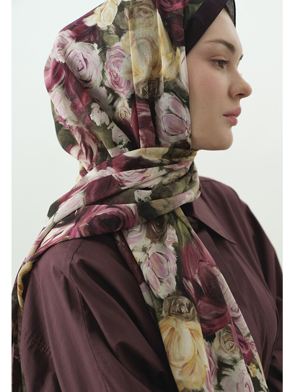 Mürdüm Rose Breeze Desenli Pamuk Viskon Şal-3