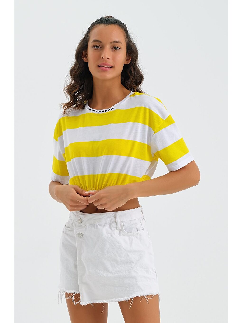 Sarı Kadin Beli Lastikli Yaka Baskili Crop-2