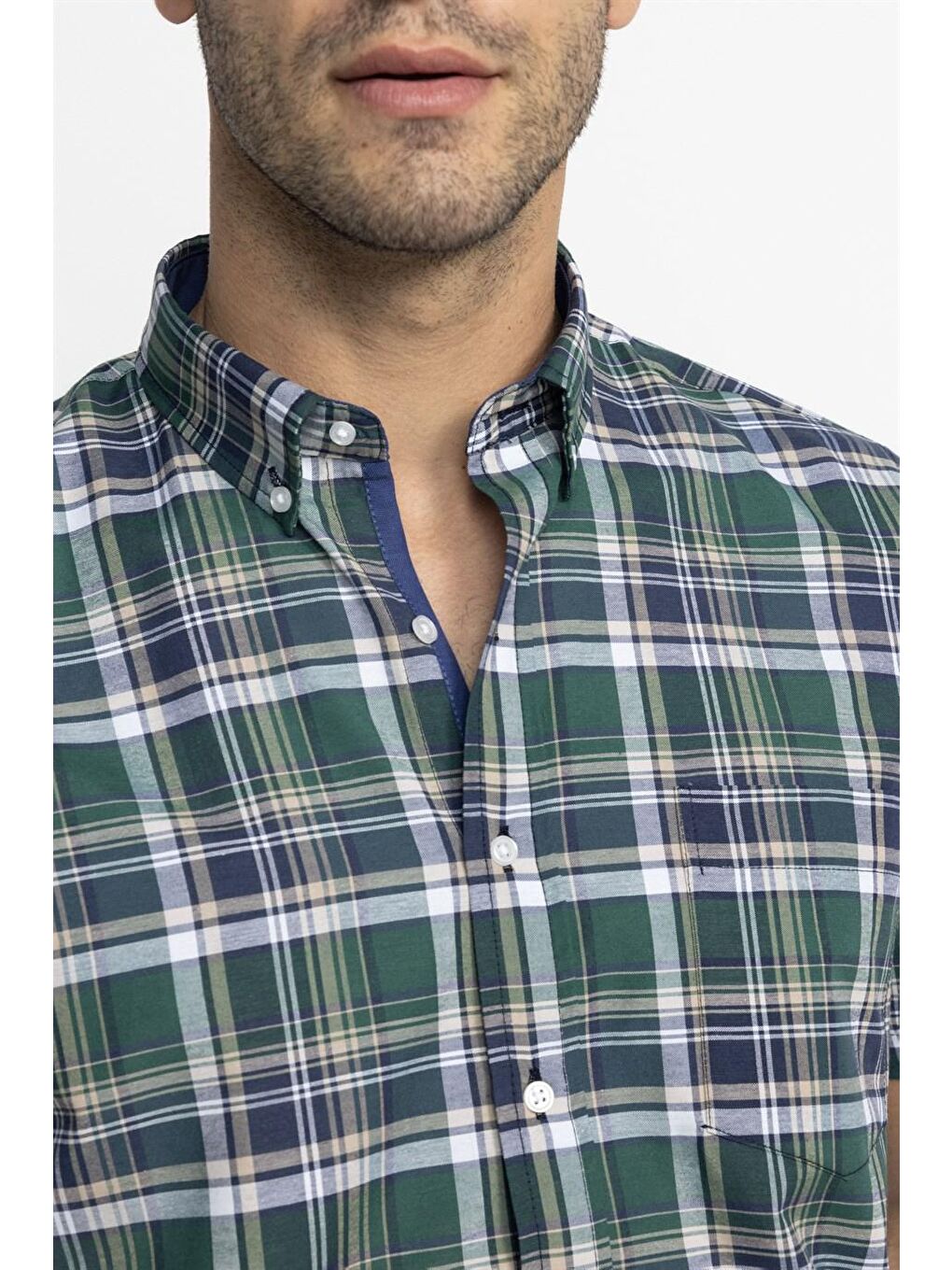 Tudors Classic Fit Kısa Kol Ekoseli Düğmeli Yaka Erkek Yeşil Gömlek-2