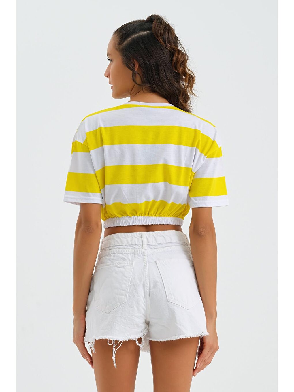 Sarı Kadin Beli Lastikli Yaka Baskili Crop-4