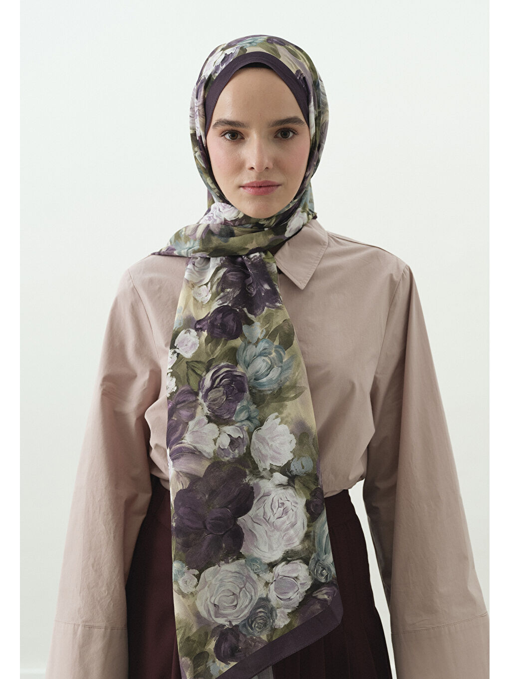 Lila Lavanta Rose Breeze Desenli Pamuk Viskon Şal-1