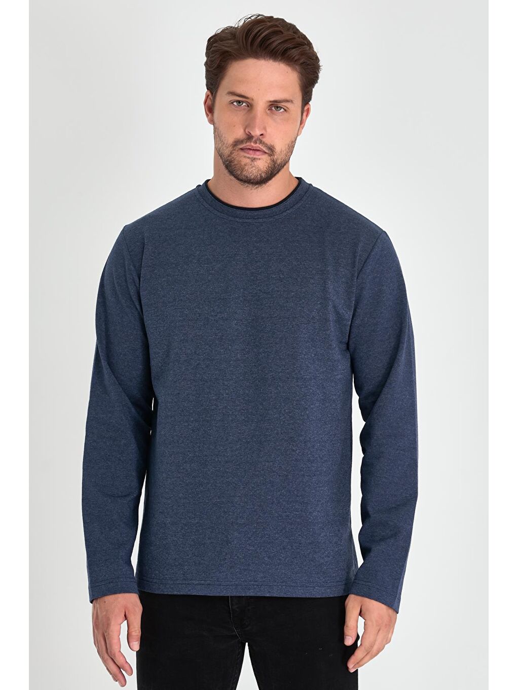 Erkek İndigo Çift Bisiklet Yaka Standart Rahat Kesim Büyük Beden Sweatshirt-1