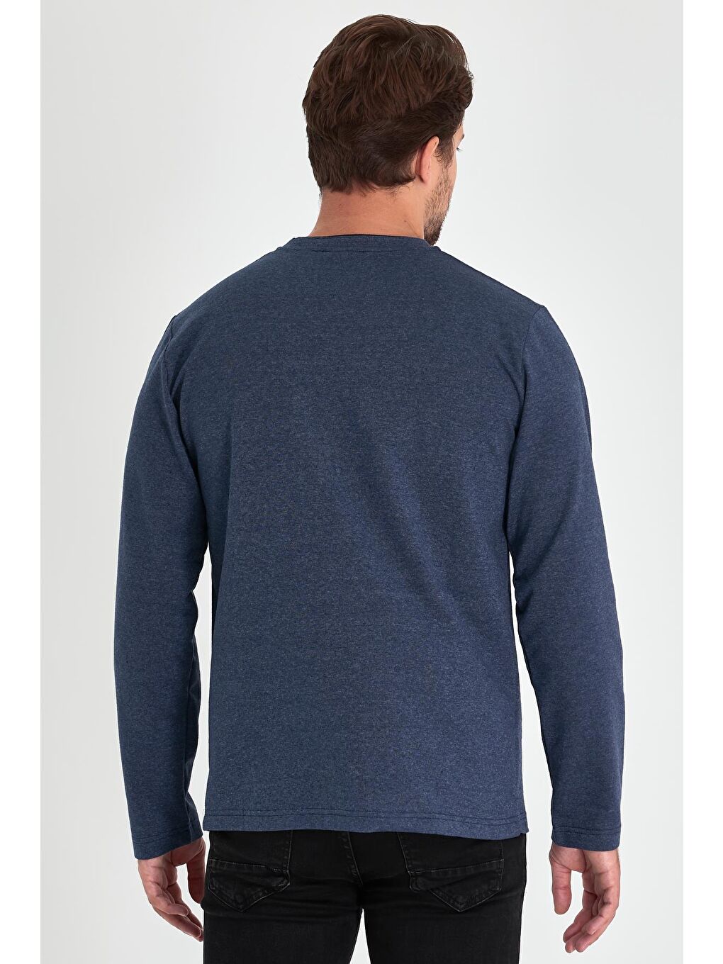 Erkek İndigo Çift Bisiklet Yaka Standart Rahat Kesim Büyük Beden Sweatshirt-4