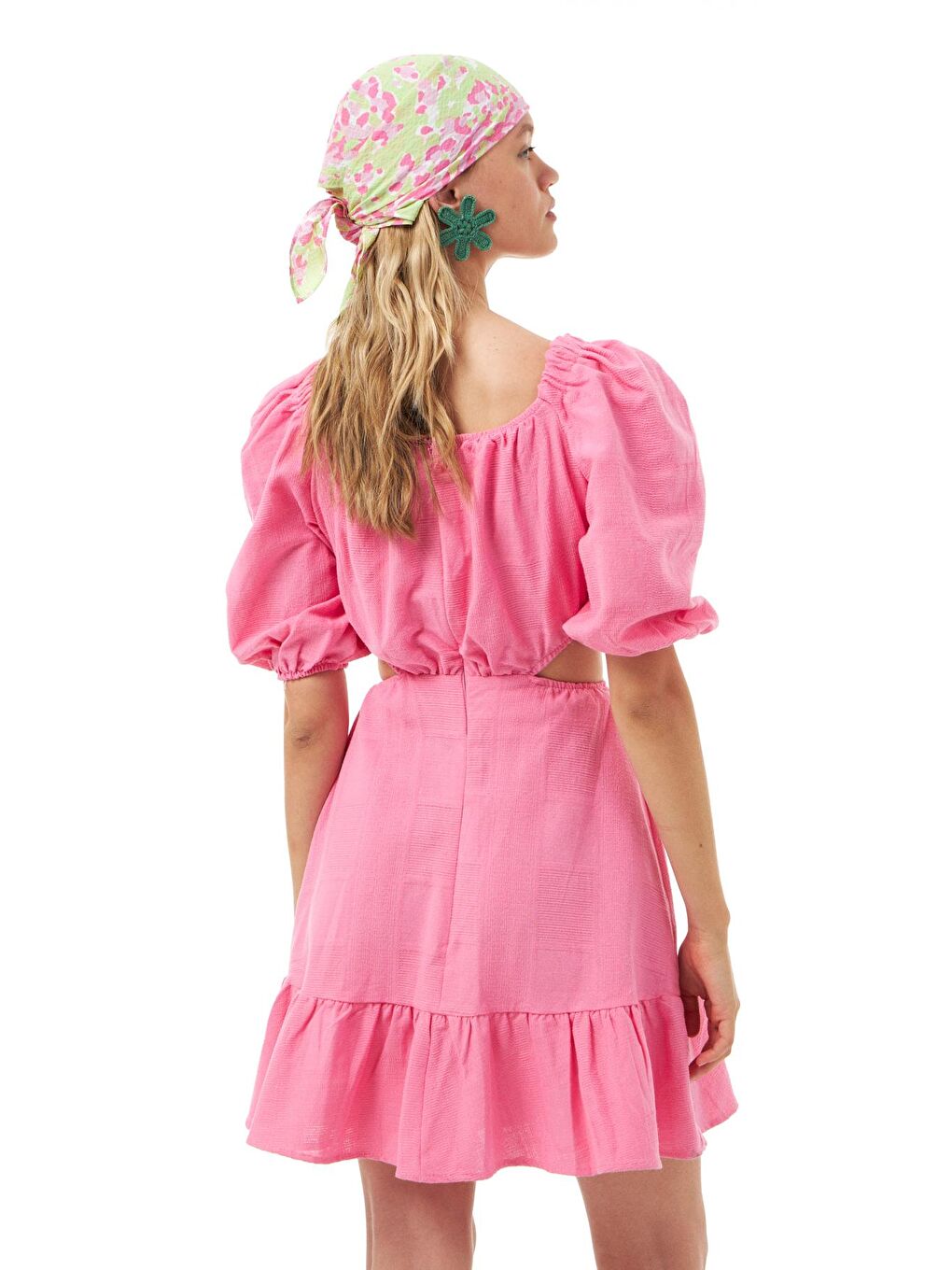 Fırfırlı Cut Out Elbise Pembe-4