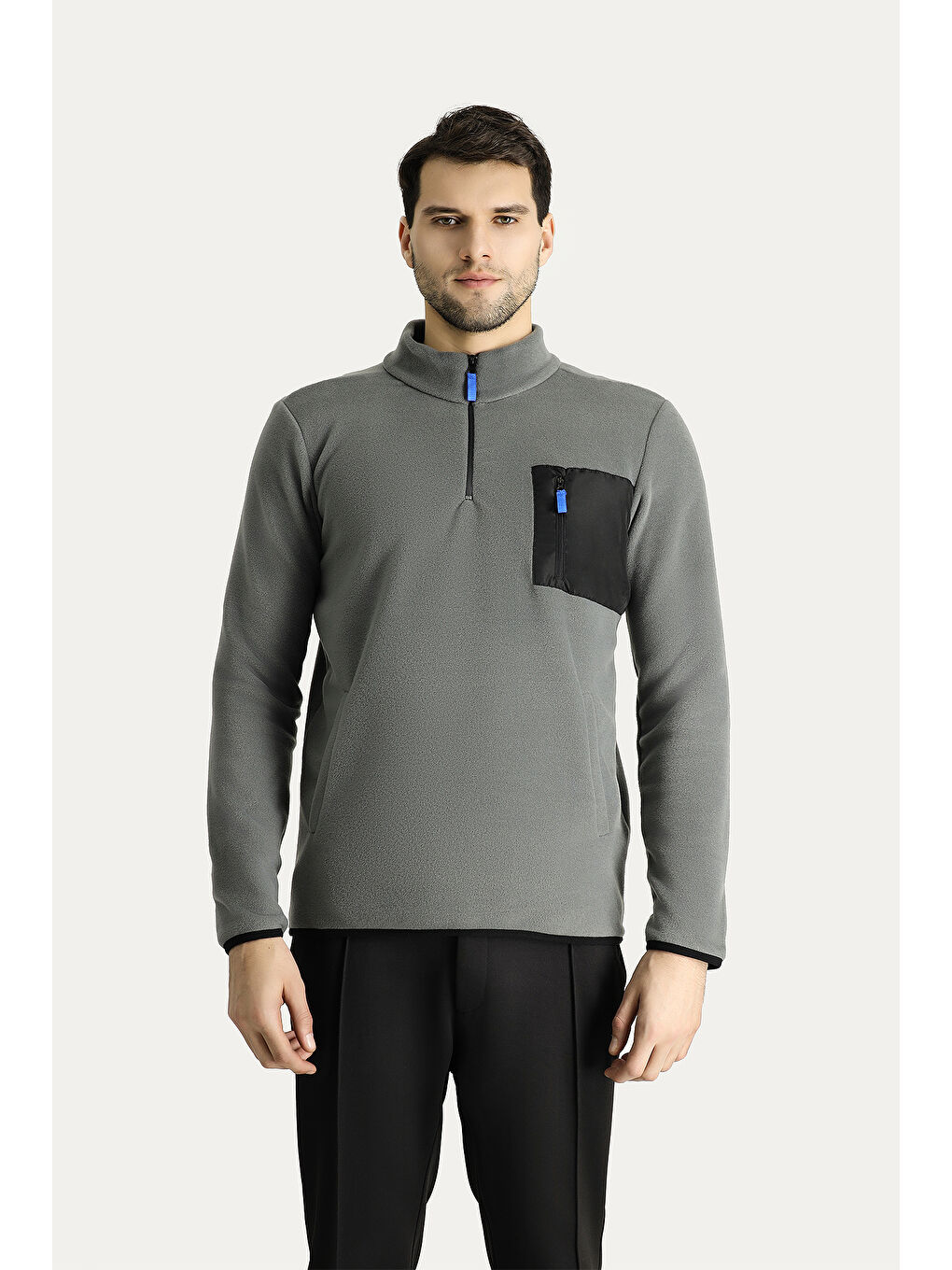 Gri Yarım Fermuarlı Polar Büyük Beden Sweatshirt-2