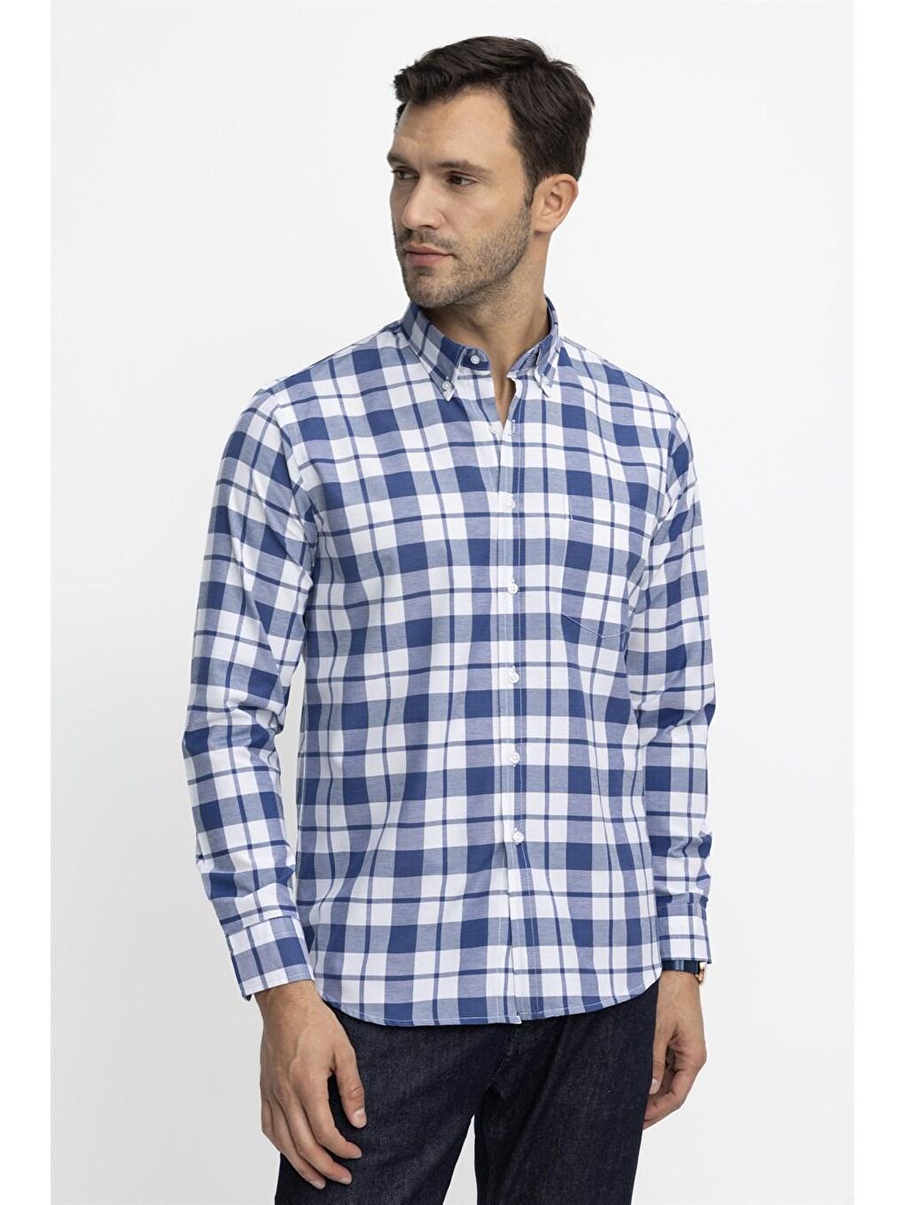 Siyah Klasik Fit Düğmeli Yaka Küçük Kareli Pamuklu Erkek Gömlek-1