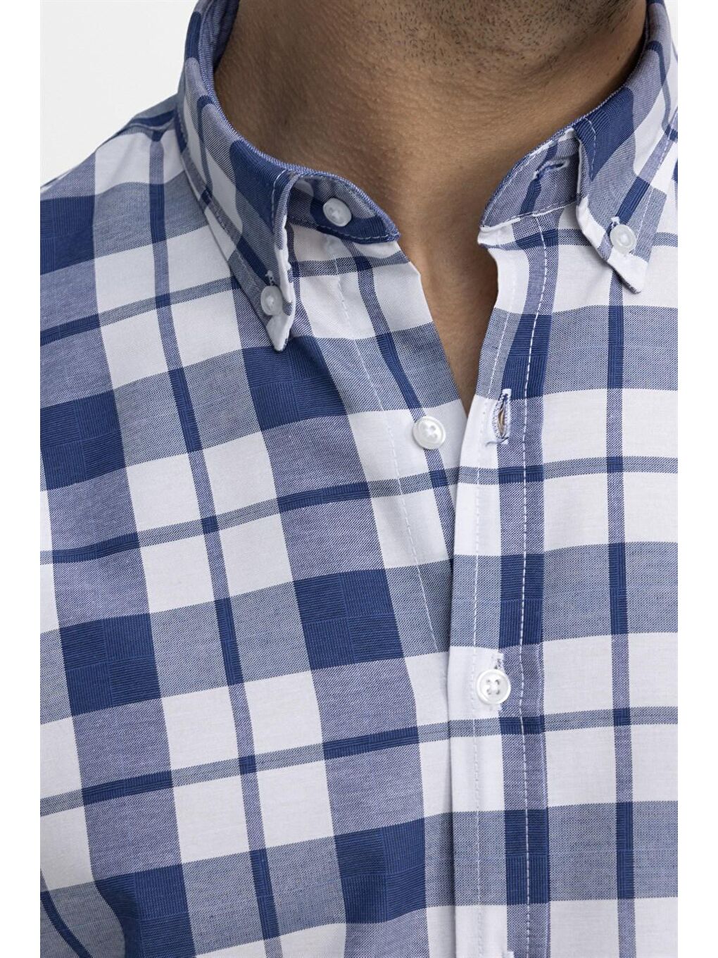 Siyah Klasik Fit Düğmeli Yaka Küçük Kareli Pamuklu Erkek Gömlek-2