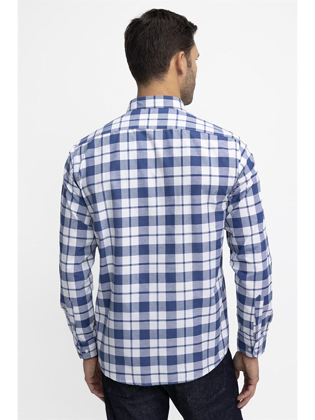 Siyah Klasik Fit Düğmeli Yaka Küçük Kareli Pamuklu Erkek Gömlek-3