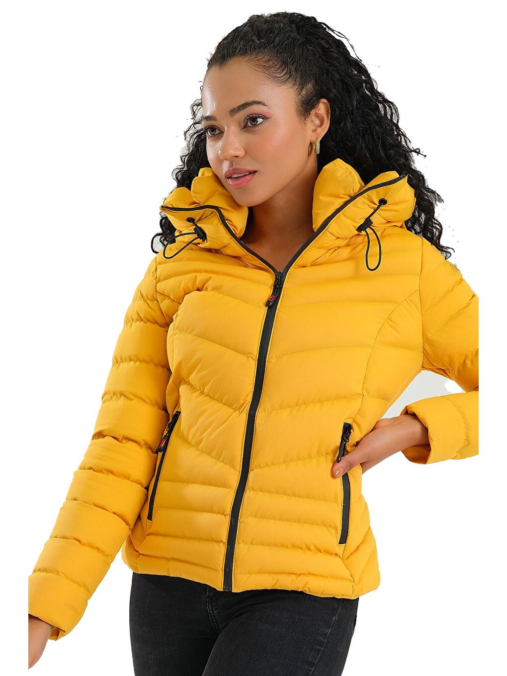 Sarı Kadın Mont Kapüşonlu