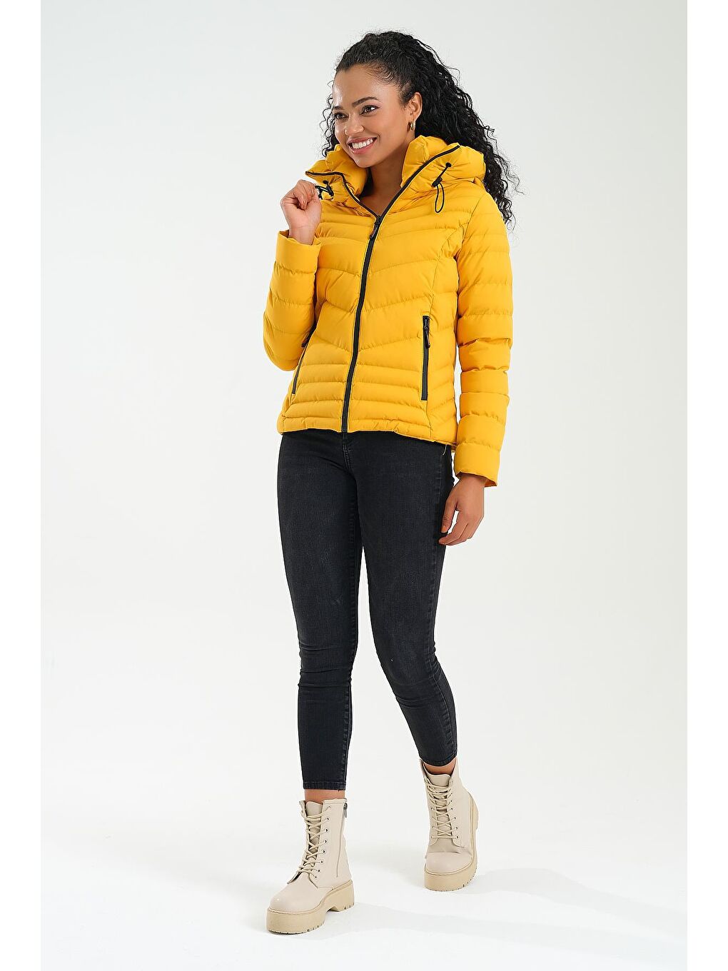 Sarı Kadın Mont Kapüşonlu-1