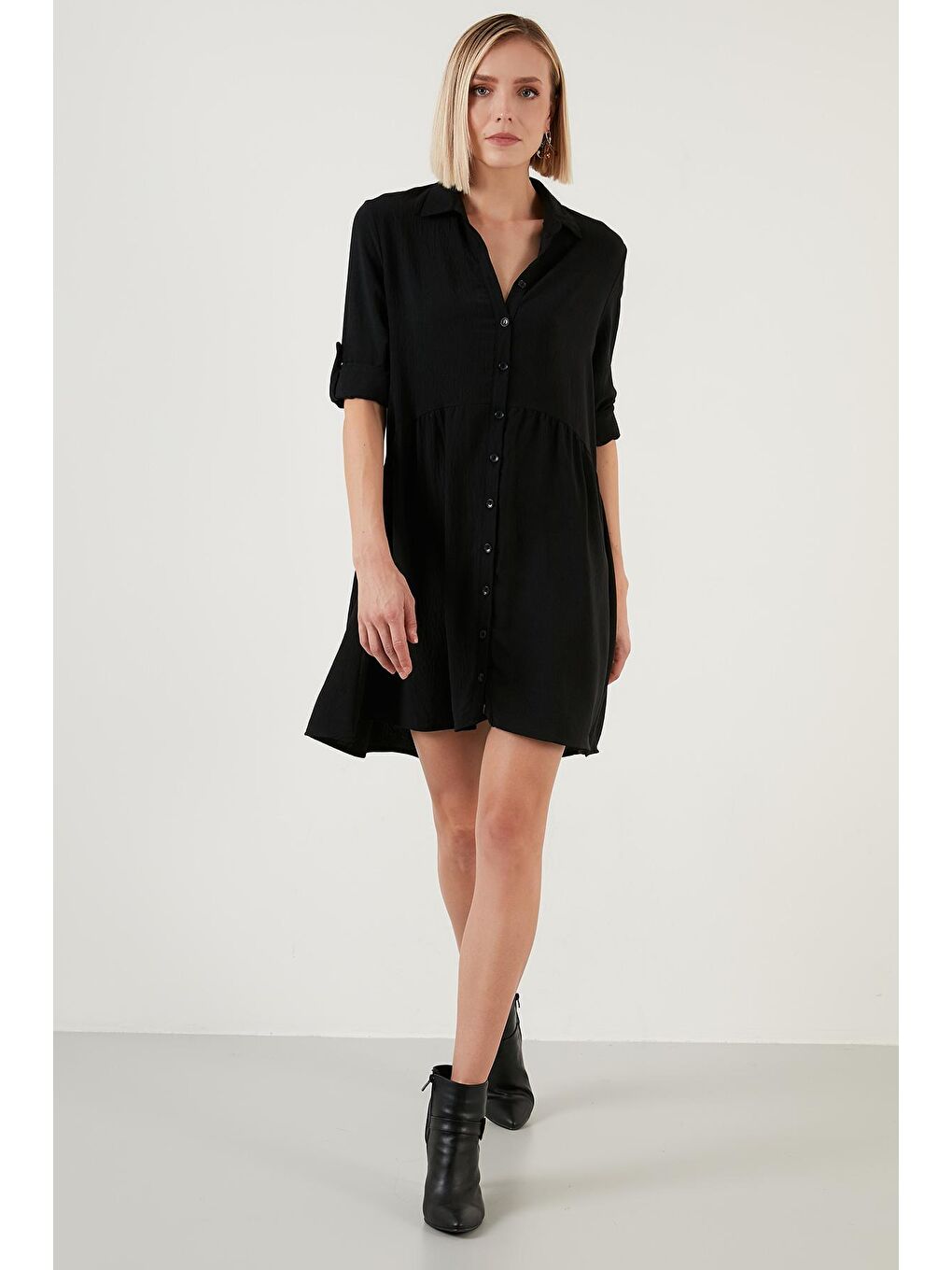 Siyah Rahat Kesim Uzun Kollu Gömlek Elbise 6051113-2