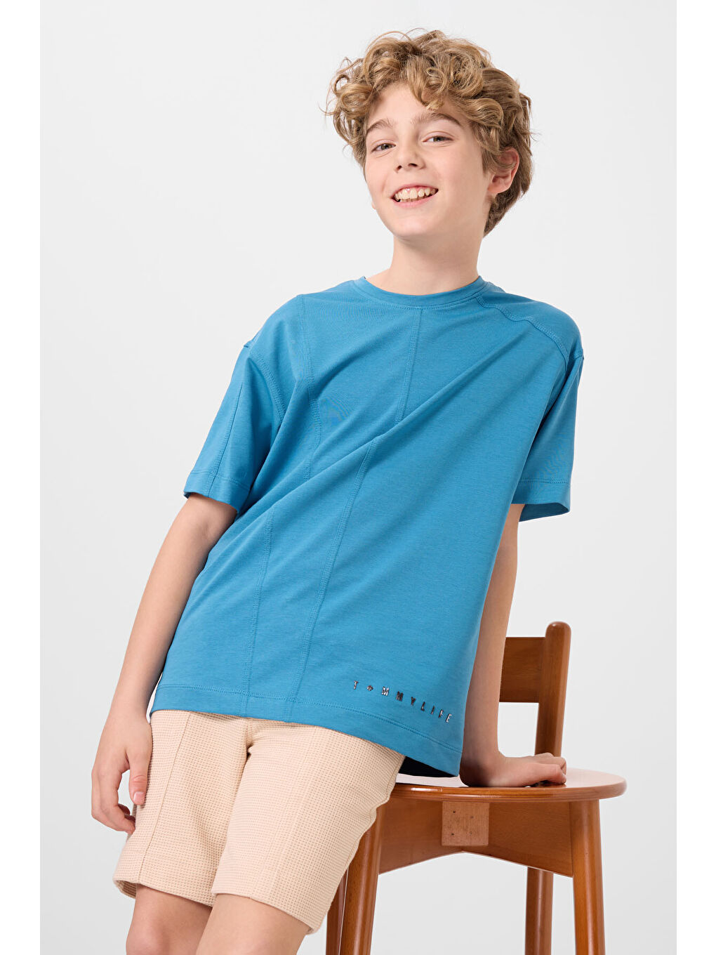 Petrol Mavi Pamuklu Yumuşak Dokulu Oversize Basic Erkek Çocuk T-Shirt - 11297-4