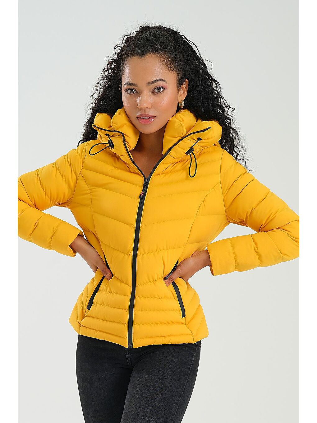 Sarı Kadın Mont Kapüşonlu-2