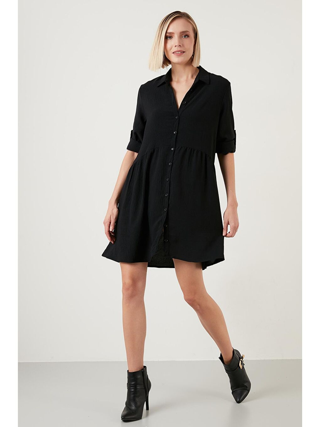 Siyah Rahat Kesim Uzun Kollu Gömlek Elbise 6051113-3