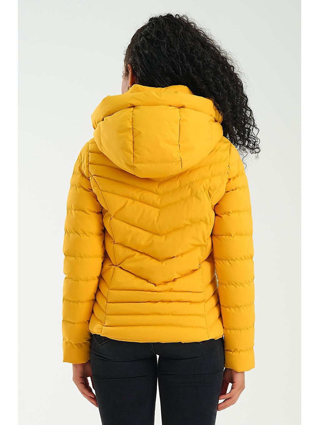 Sarı Kadın Mont Kapüşonlu-3