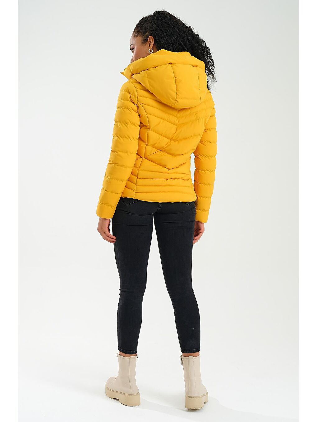 Sarı Kadın Mont Kapüşonlu-4