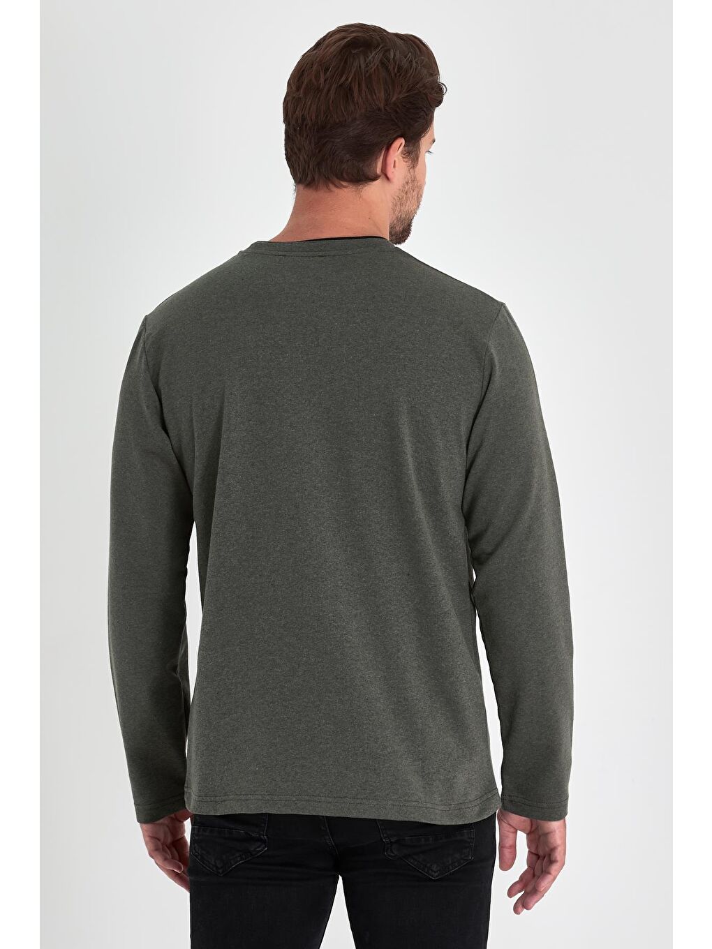 Erkek Haki Çift Bisiklet Yaka Standart Rahat Kesim Büyük Beden Sweatshirt-4