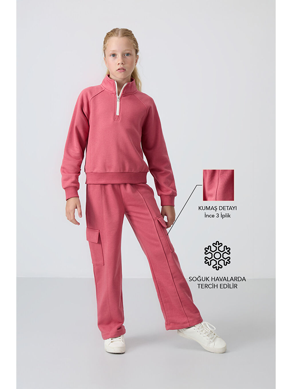 Pembe Yaban Gülü Pamuklu İçi Tüylü Yumuşak Dokulu Standart Fit Nakışlı Kız Çocuk Eşofman Takım - 75159-2