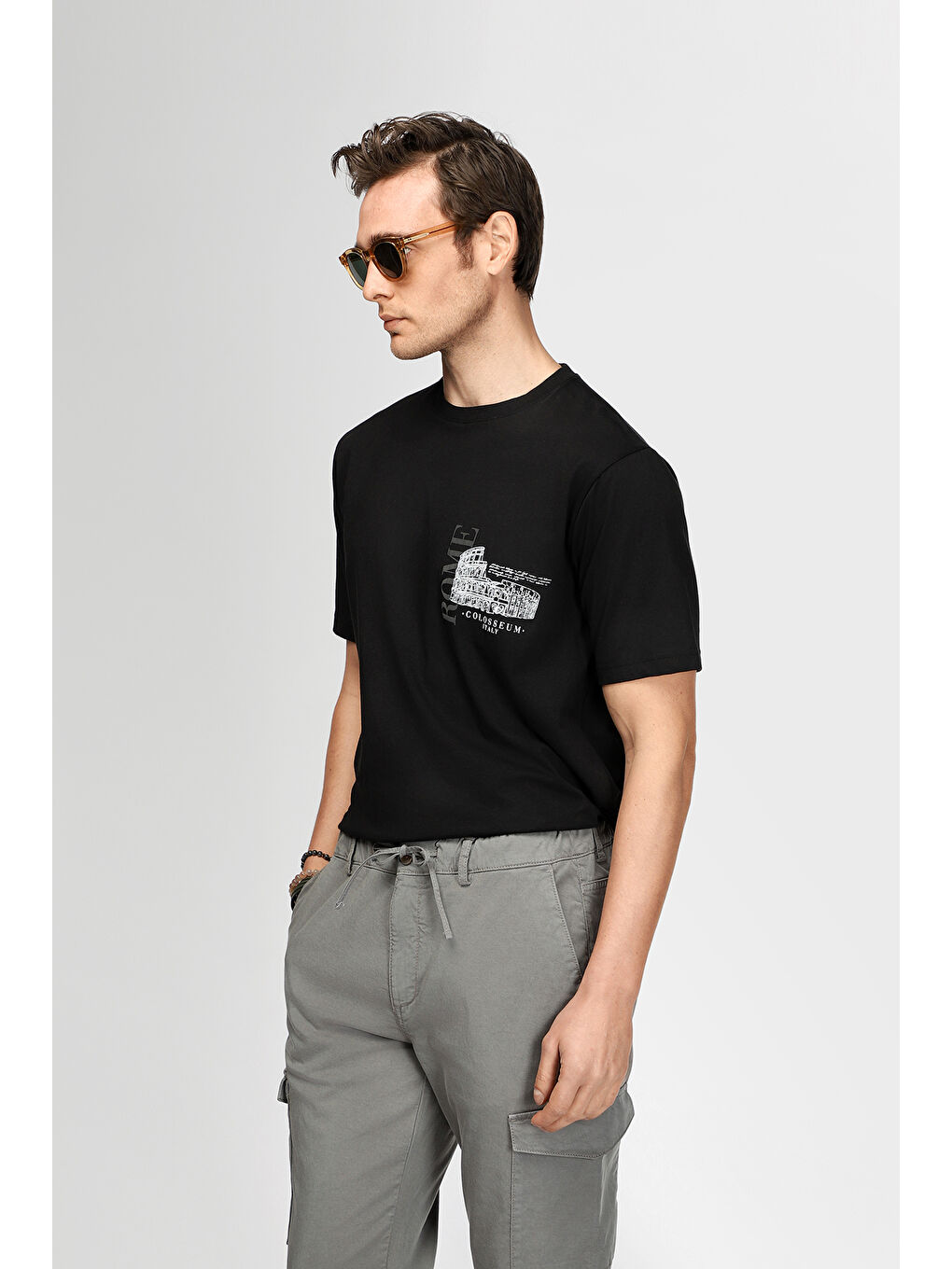 Siyah Bisiklet Yaka Regular Fit Baskılı Pamuk Tişört-2