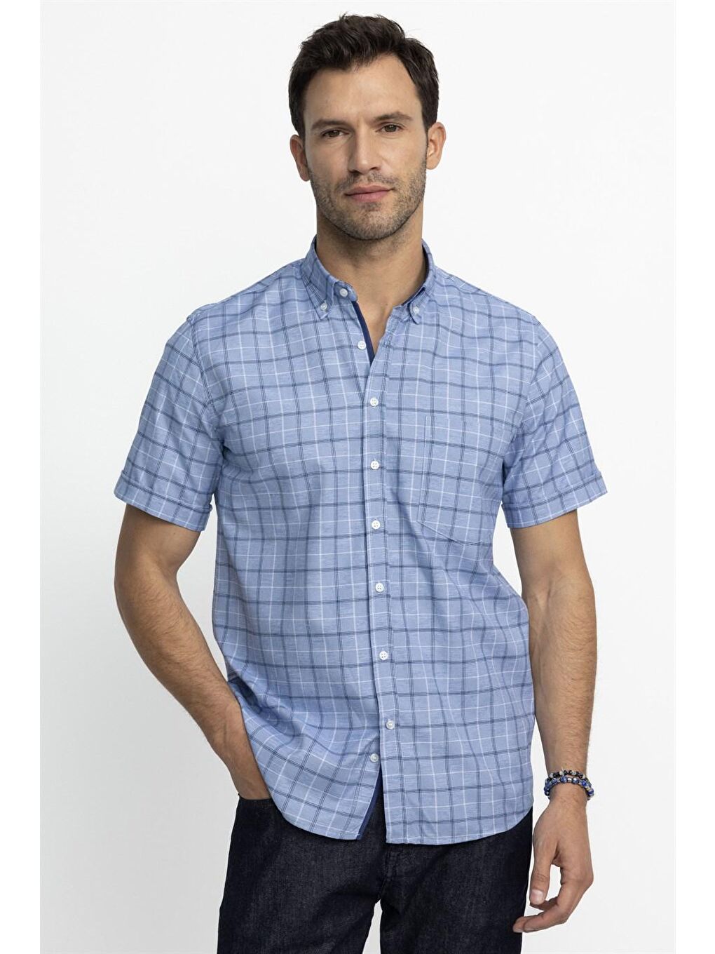 Tudors Klasik Fit Kısa Kol Ekoseli Düğmeli Yaka Erkek Mavi Gömlek