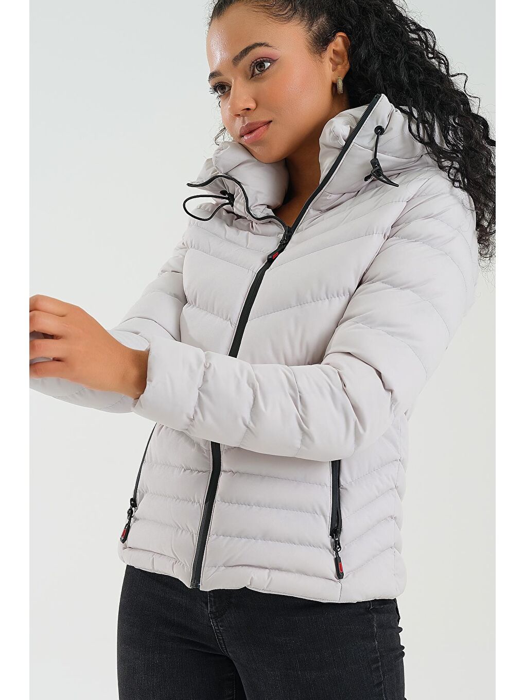 Gri Kadın Mont Kapüşonlu-1