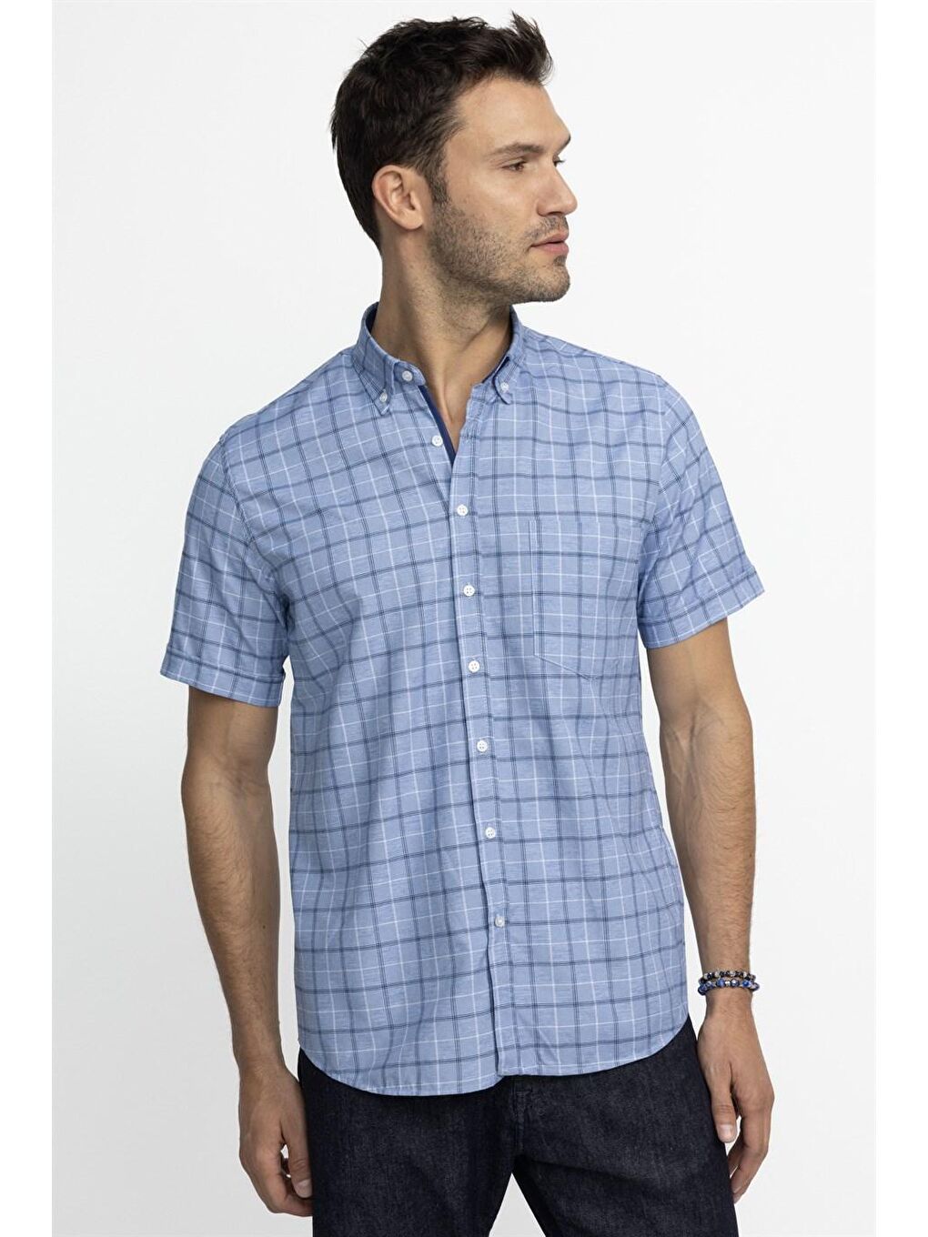 Tudors Klasik Fit Kısa Kol Ekoseli Düğmeli Yaka Erkek Mavi Gömlek-1