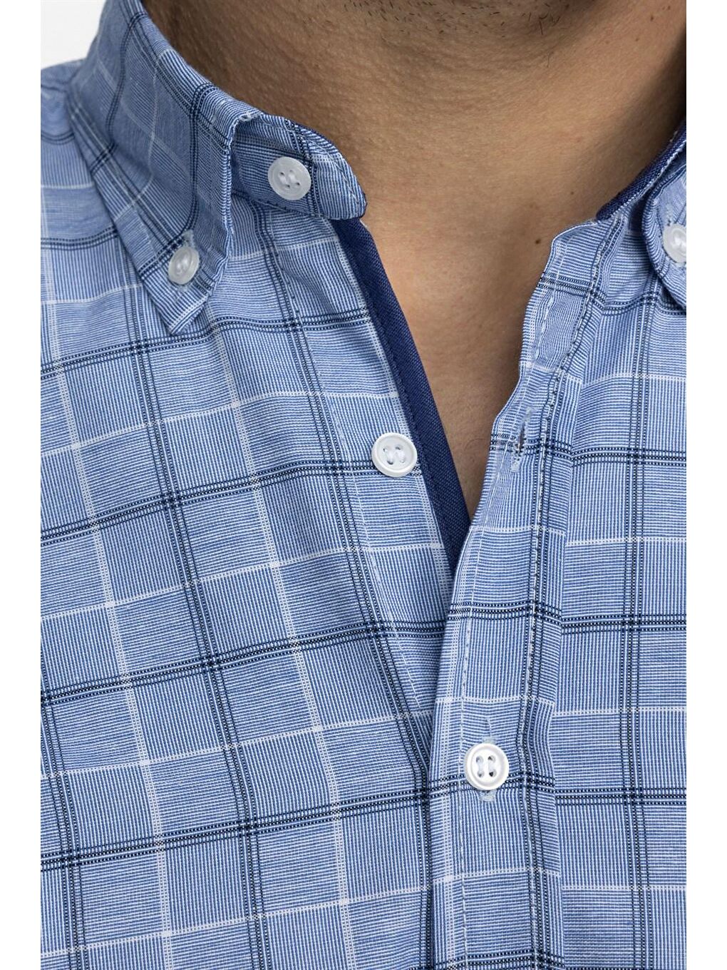 Tudors Klasik Fit Kısa Kol Ekoseli Düğmeli Yaka Erkek Mavi Gömlek-2